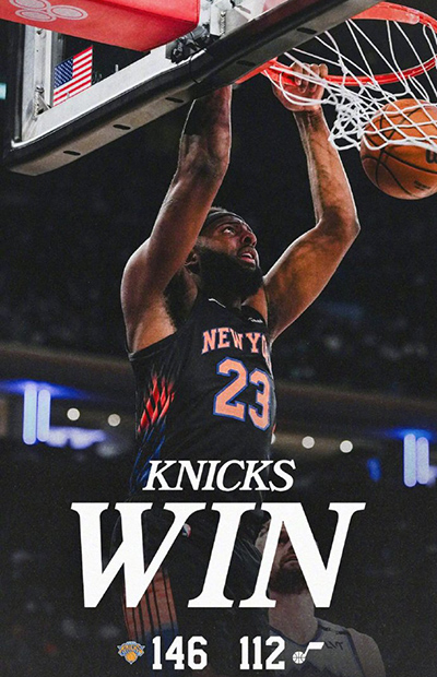 尼克斯146-112大胜爵士，布伦森33分，小麦7记三分